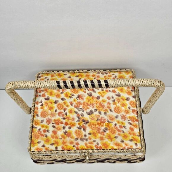 Sewing Notions Box Craft Basket Vintage Woven Wicker Floral Retro Mid Century - Picture 9 of 15